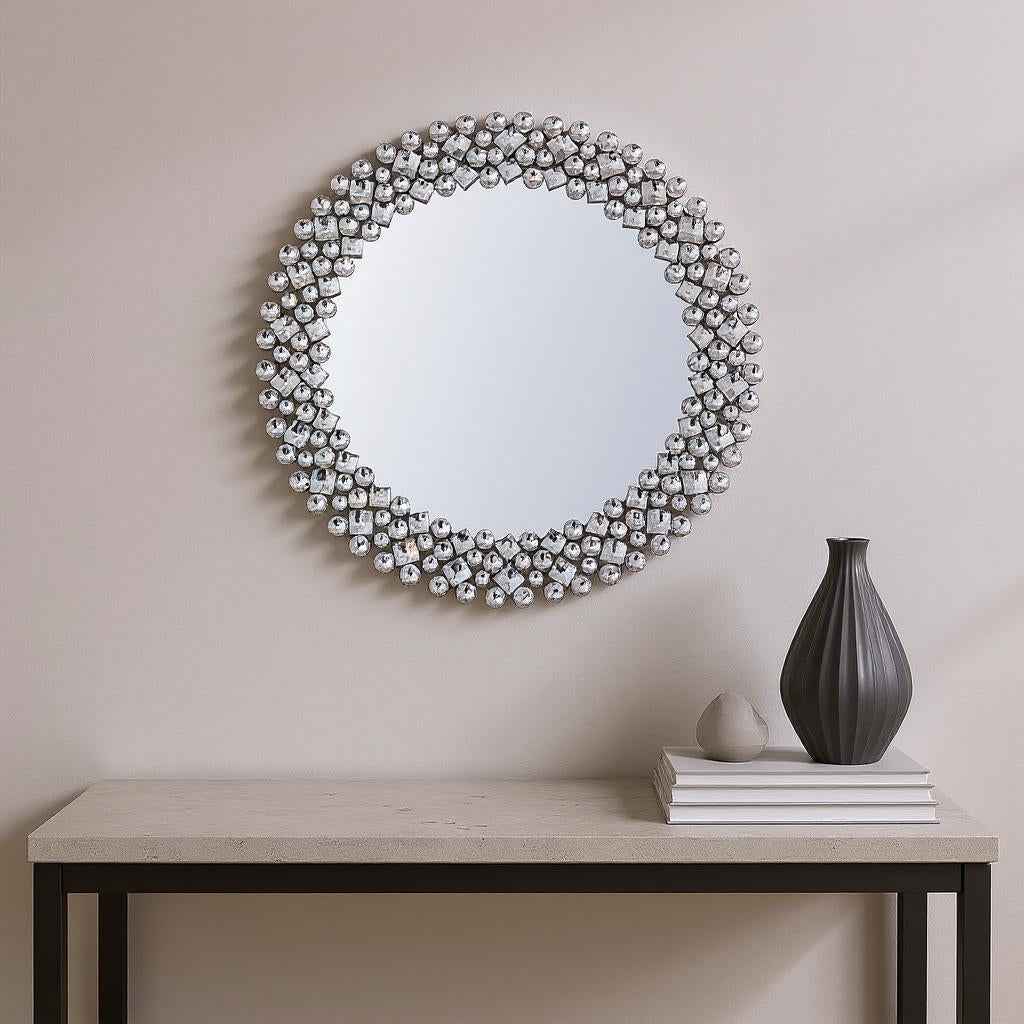 26" Silver Round Faux Crystal Bling Framed Accent Mirror