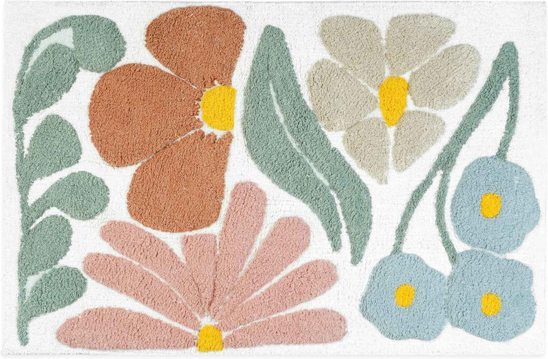 32" Light Blue Red And White Cotton Floral Bath Rug