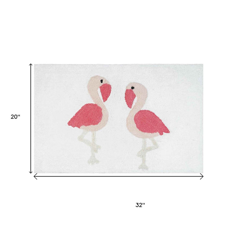 32" Pink And White Cotton Flamingo Bath Rug