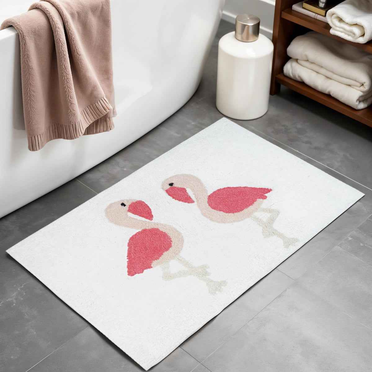32" Pink And White Cotton Flamingo Bath Rug