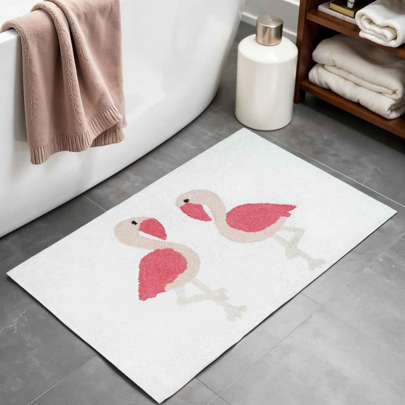 32" Pink And White Cotton Flamingo Bath Rug