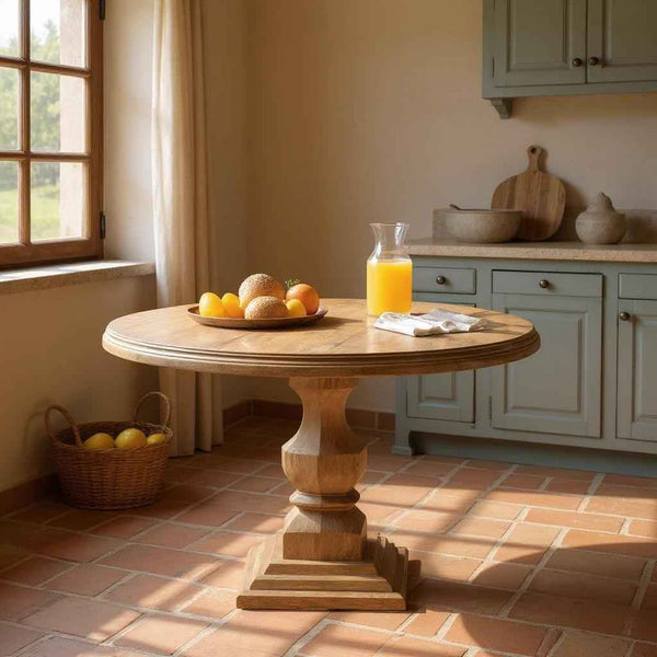 54" Brown Solid Wood Pedestal Base Round Top Dining Table