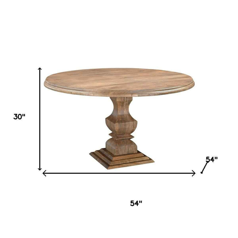 54" Brown Solid Wood Pedestal Base Round Top Dining Table