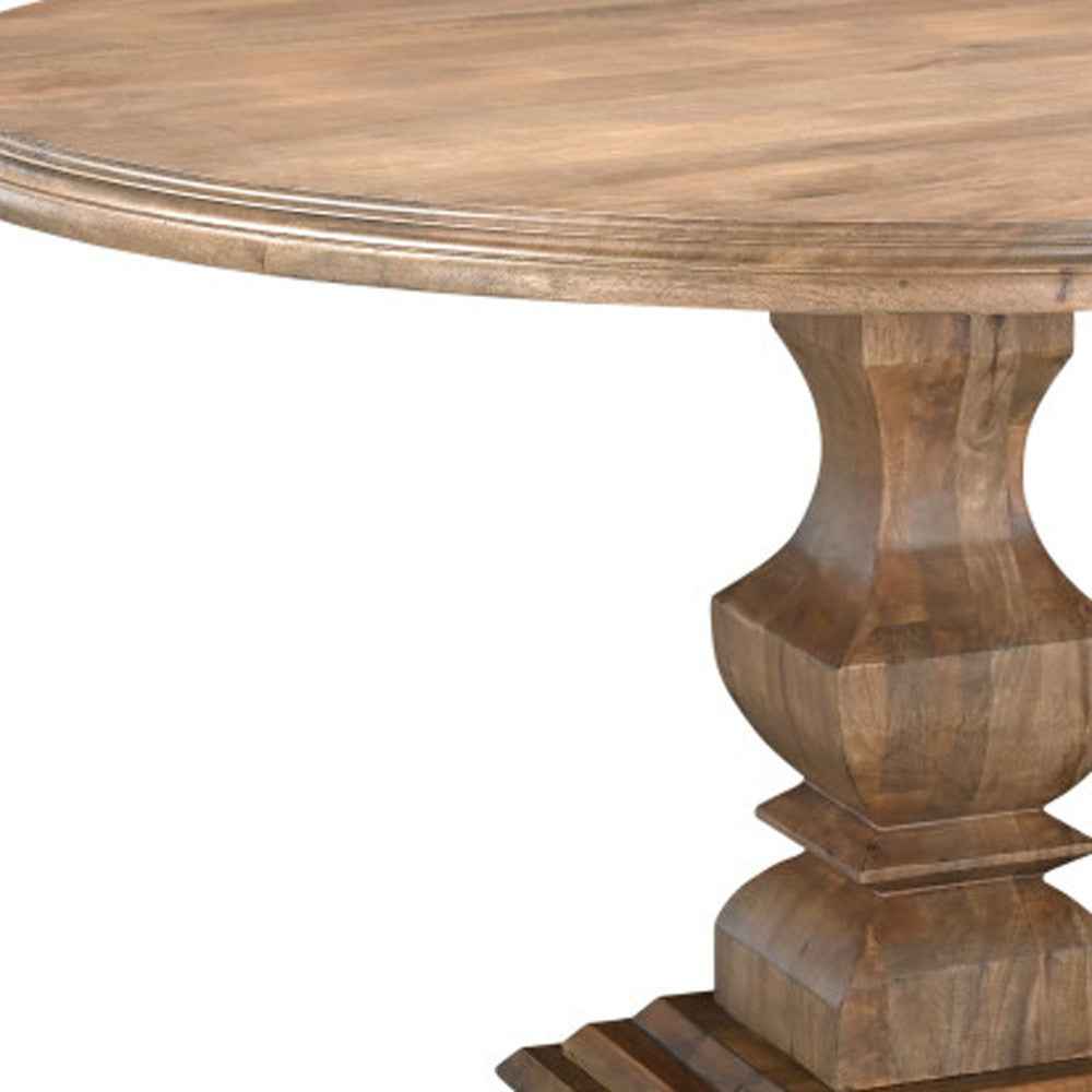 54" Brown Solid Wood Pedestal Base Round Top Dining Table