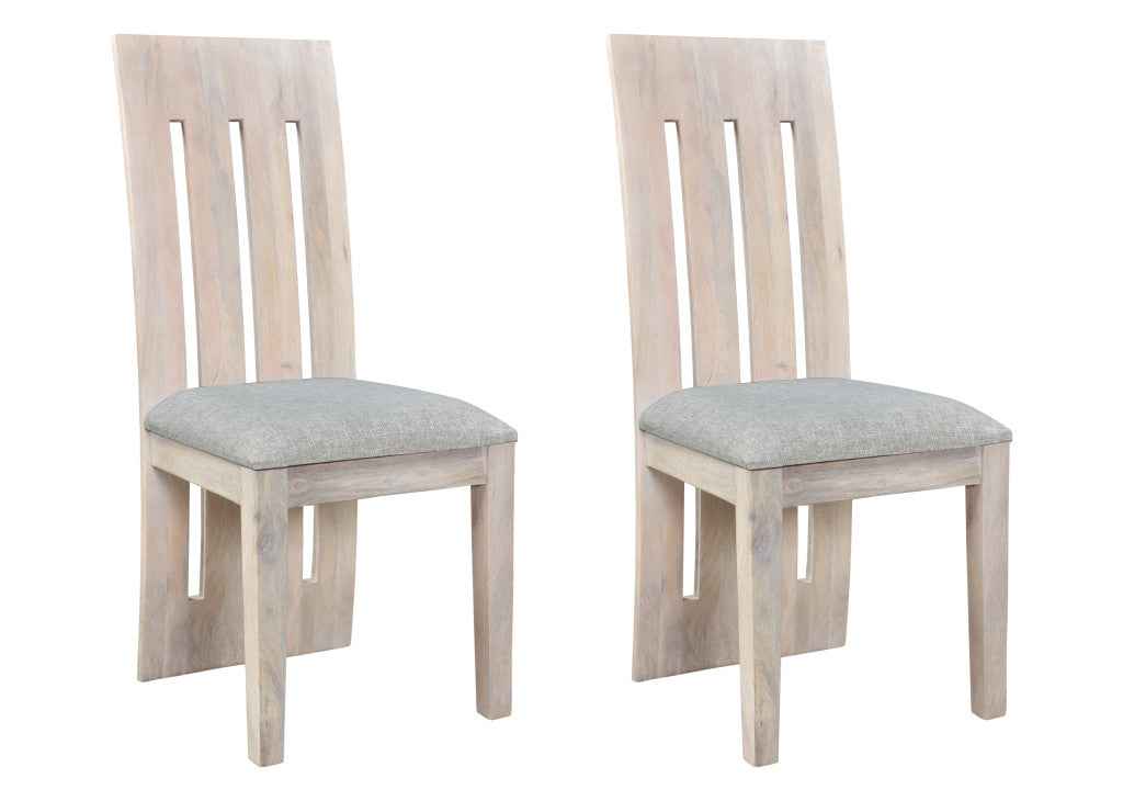 Set of Two Gray and Natural Fabric And Wood Slat Back Dining Side Chairs