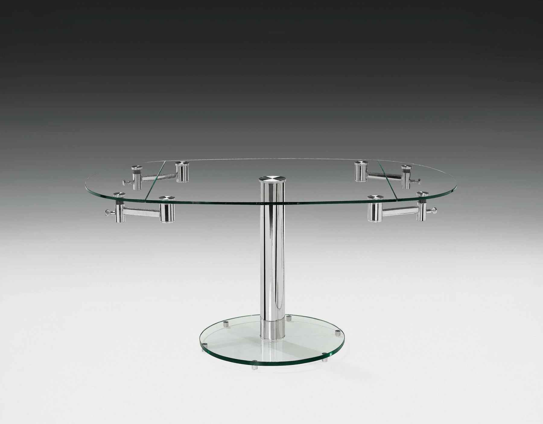 40" Clear and Silver Glass and Metal Self-Storing Leaf Motion Extendable Dining Table