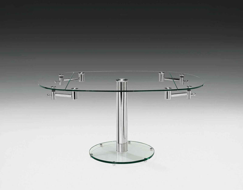 40" Clear and Silver Glass and Metal Self-Storing Leaf Motion Extendable Dining Table