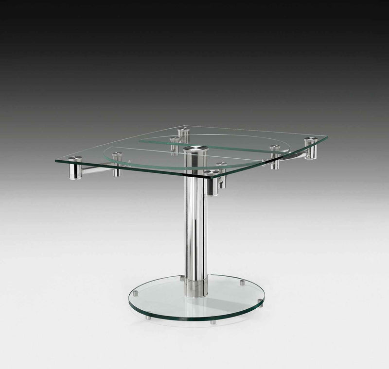 40" Clear and Silver Glass and Metal Self-Storing Leaf Motion Extendable Dining Table
