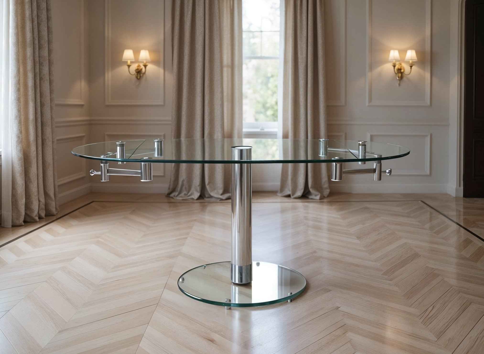 40" Clear and Silver Glass and Metal Self-Storing Leaf Motion Extendable Dining Table