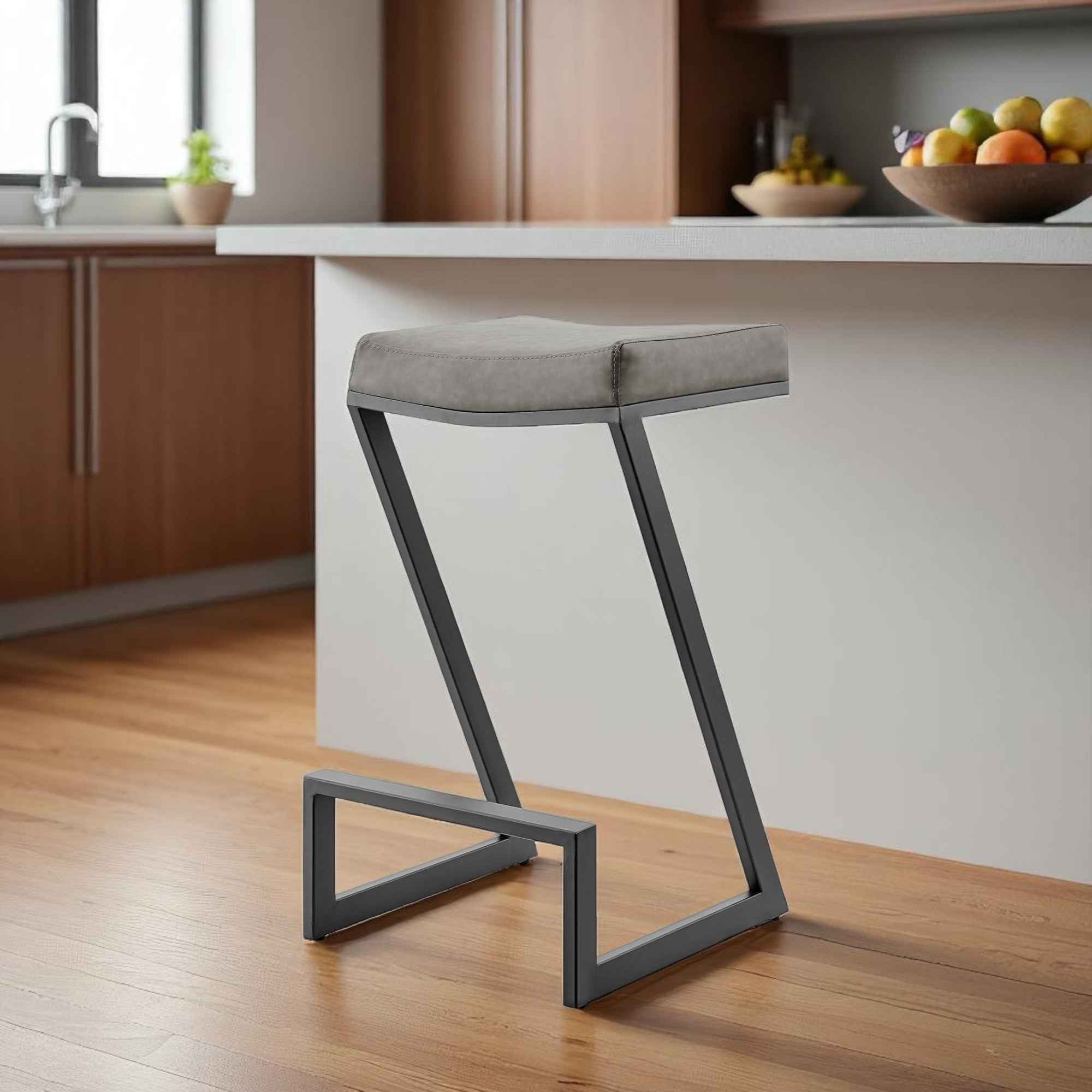 26" Gray and Black Faux Leather and Iron Backless Counter Height Bar Chair