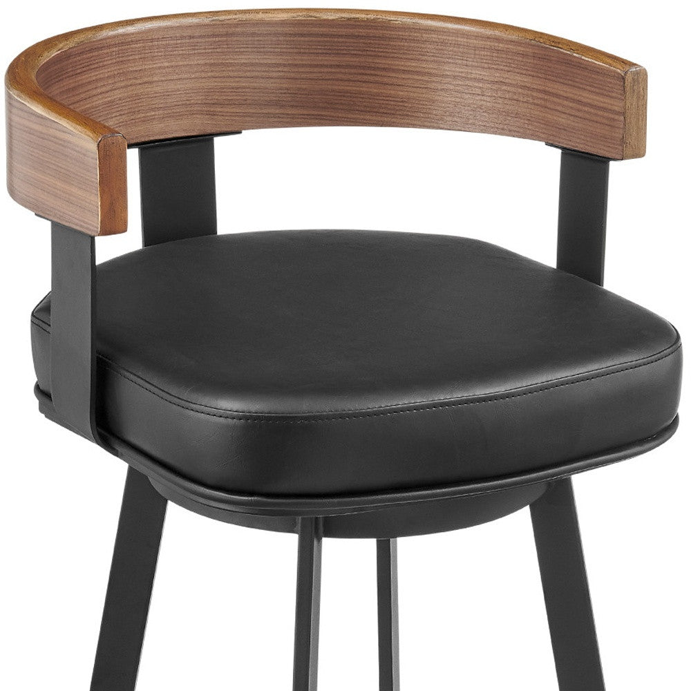 26" Black Faux Leather And Iron Low Back Counter Height Swivel Bar Chair - Living Room