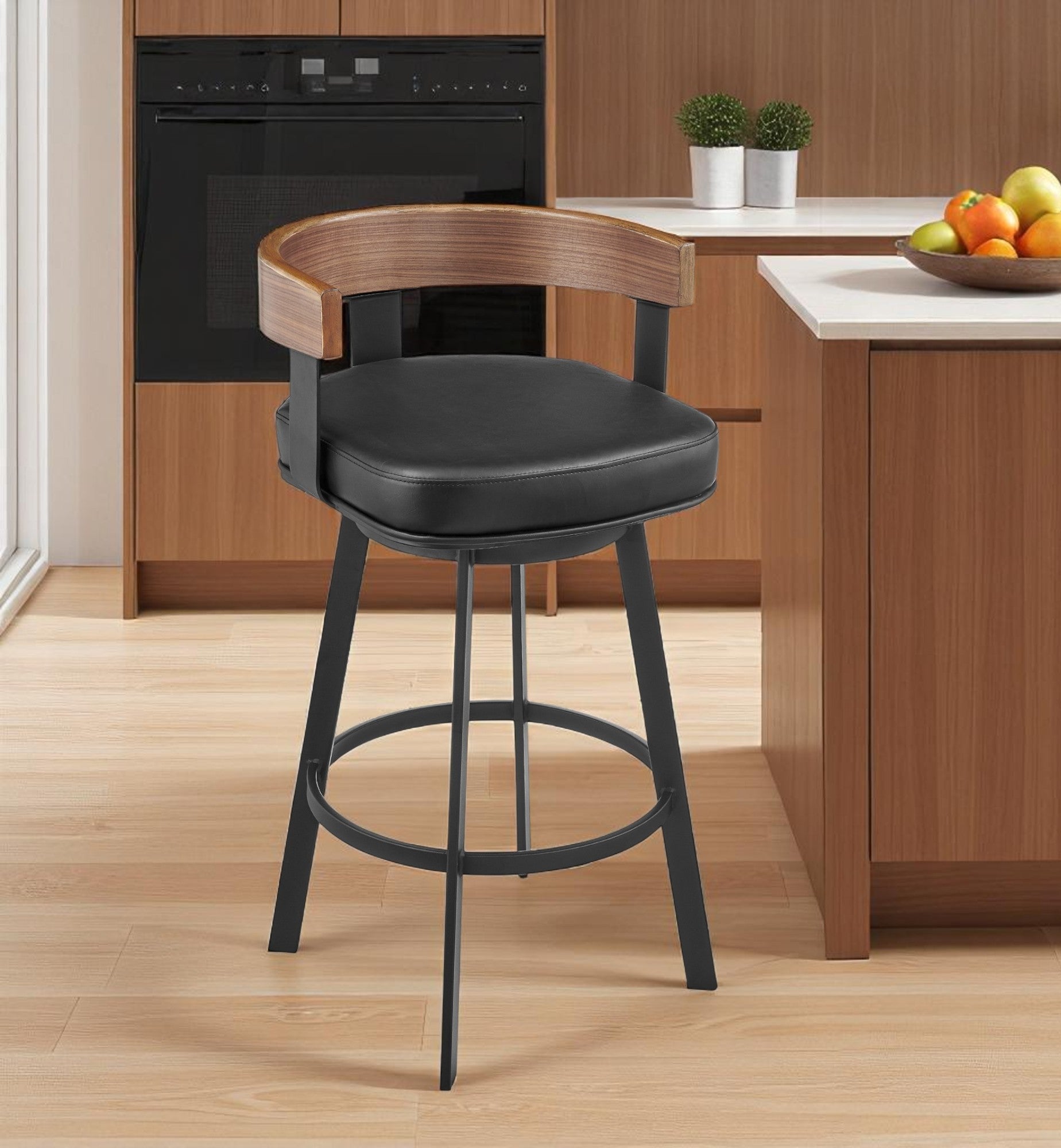 26" Black Faux Leather And Iron Low Back Counter Height Swivel Bar Chair - Living Room