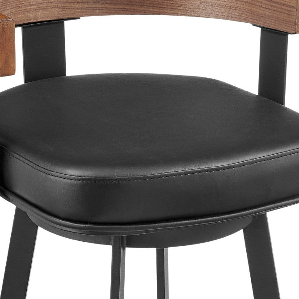 26" Black Faux Leather And Iron Low Back Counter Height Swivel Bar Chair - Living Room