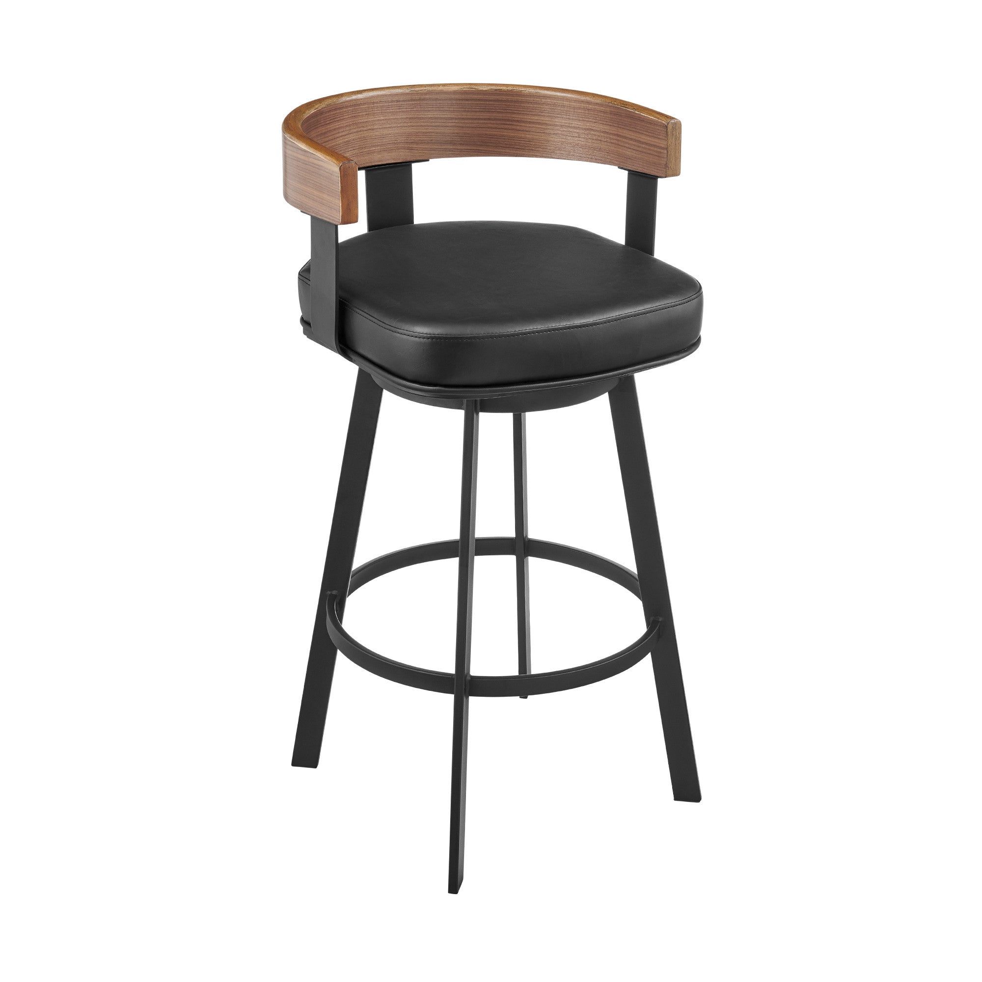 26" Black Faux Leather And Iron Low Back Counter Height Swivel Bar Chair - Living Room