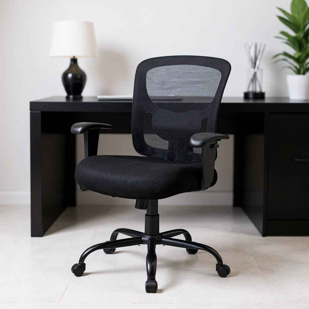 Black Fabric Mesh and Steel Adjustable Swivel Rolling Executive Office Chair