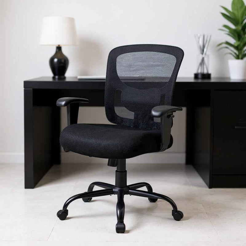 Black Fabric Mesh and Steel Adjustable Swivel Rolling Executive Office Chair