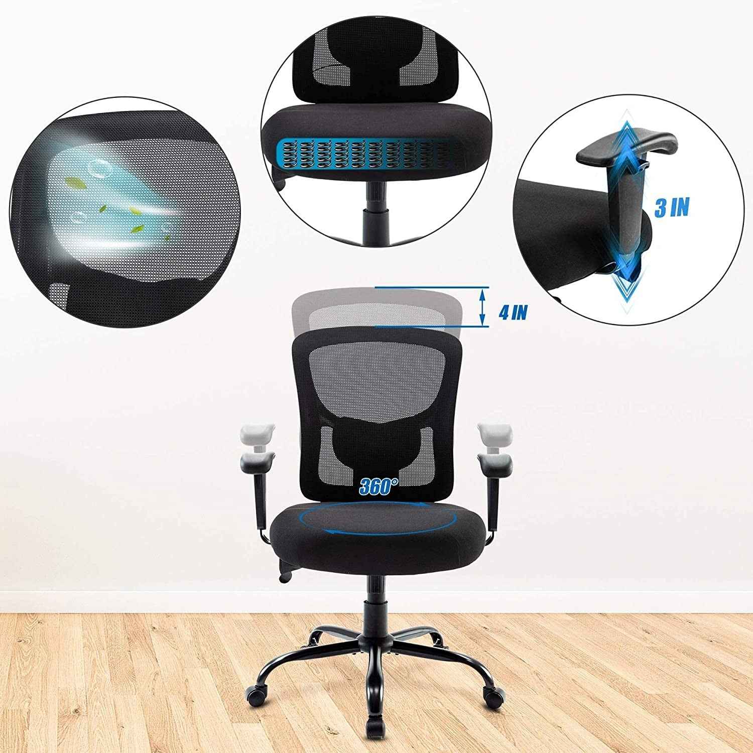 Black Fabric Mesh and Steel Adjustable Swivel Rolling Executive Office Chair