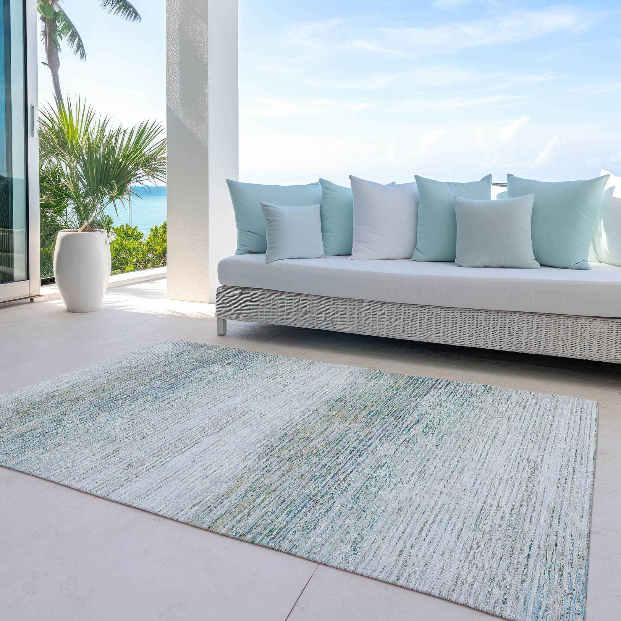 10' X 14' Linen Striped Washable Indoor Outdoor Area Rug