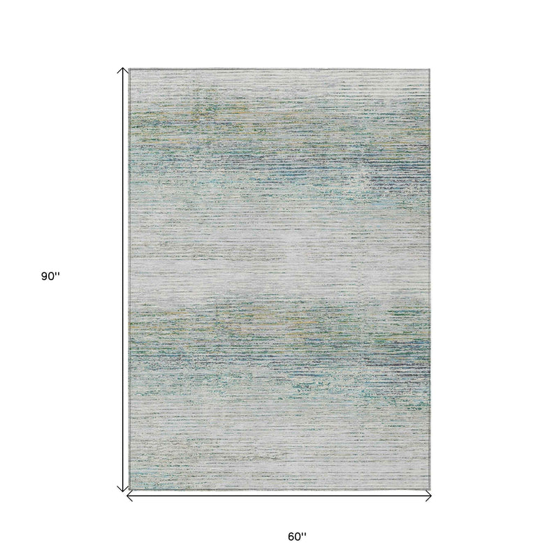 5' X 8' Linen Striped Washable Indoor Outdoor Area Rug