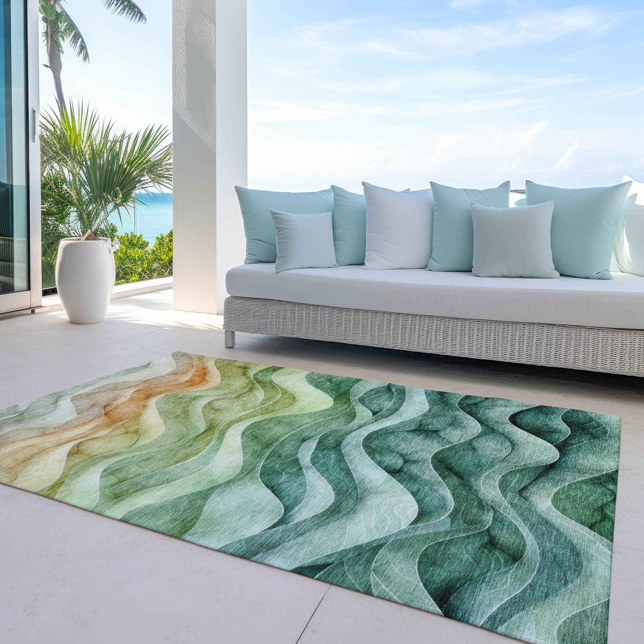 10' X 14' Teal Blue Abstract Washable Indoor Outdoor Area Rug