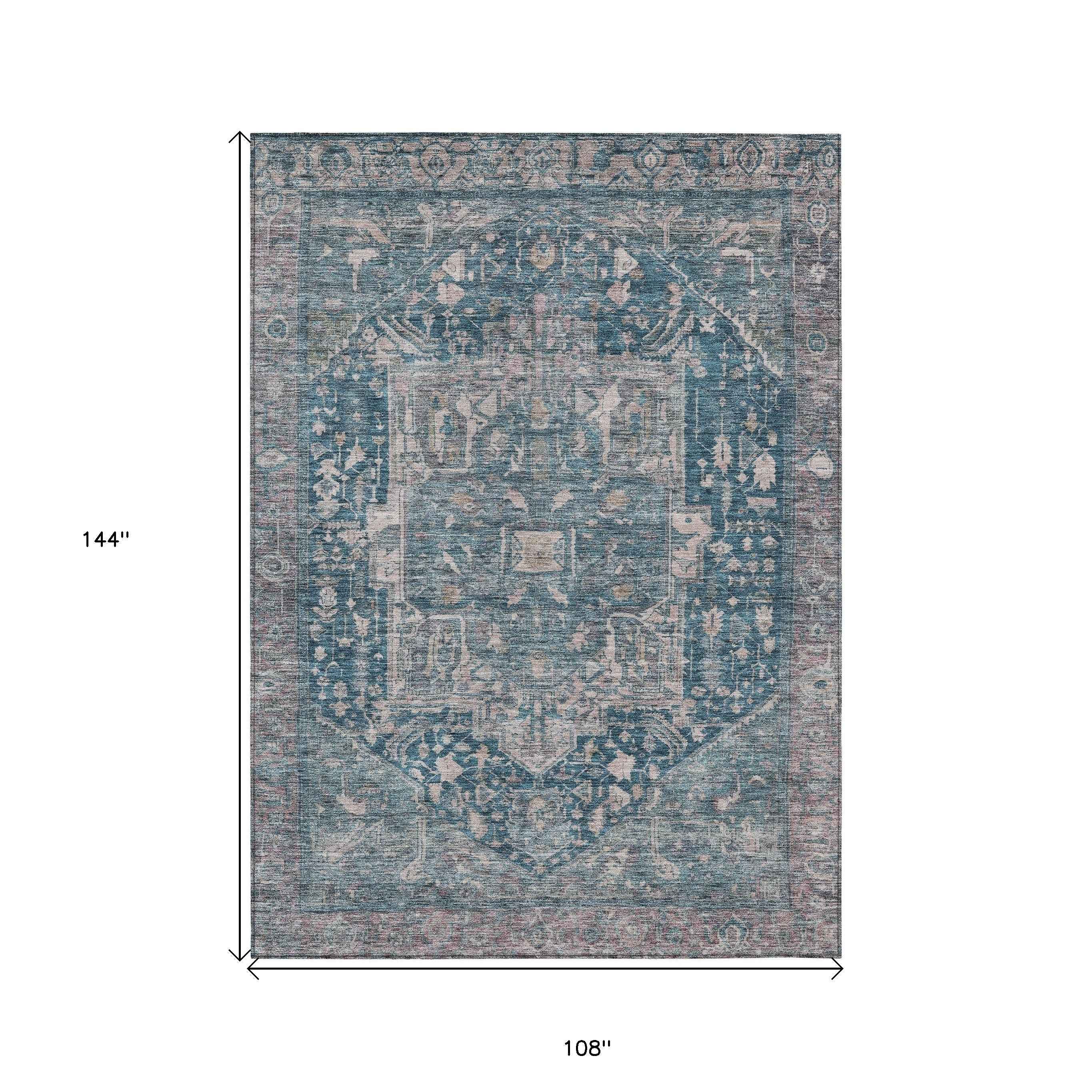 9' X 12' Blue Medallion Washable Indoor Outdoor Area Rug