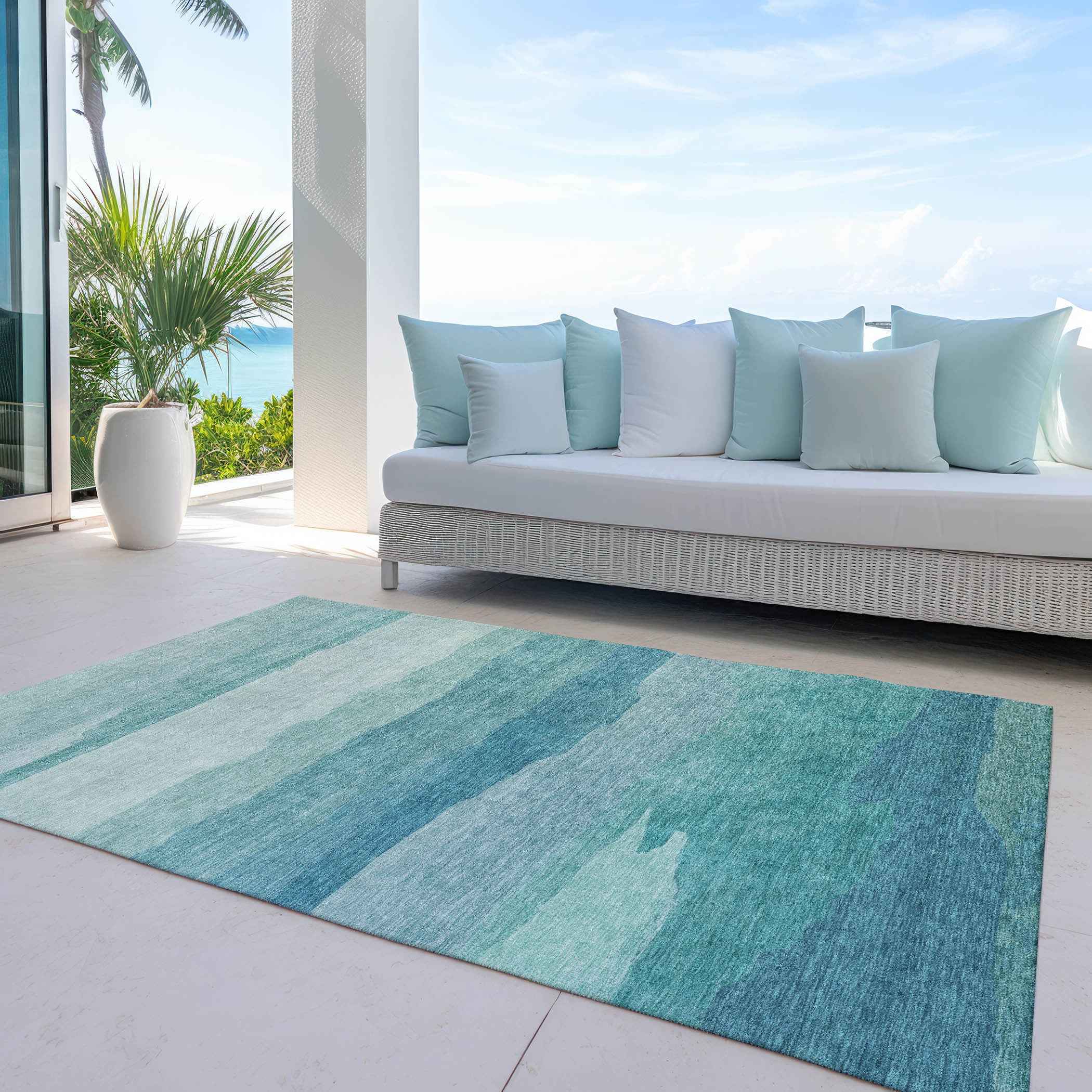 3' X 5' Turquoise Striped Washable Indoor Outdoor Area Rug