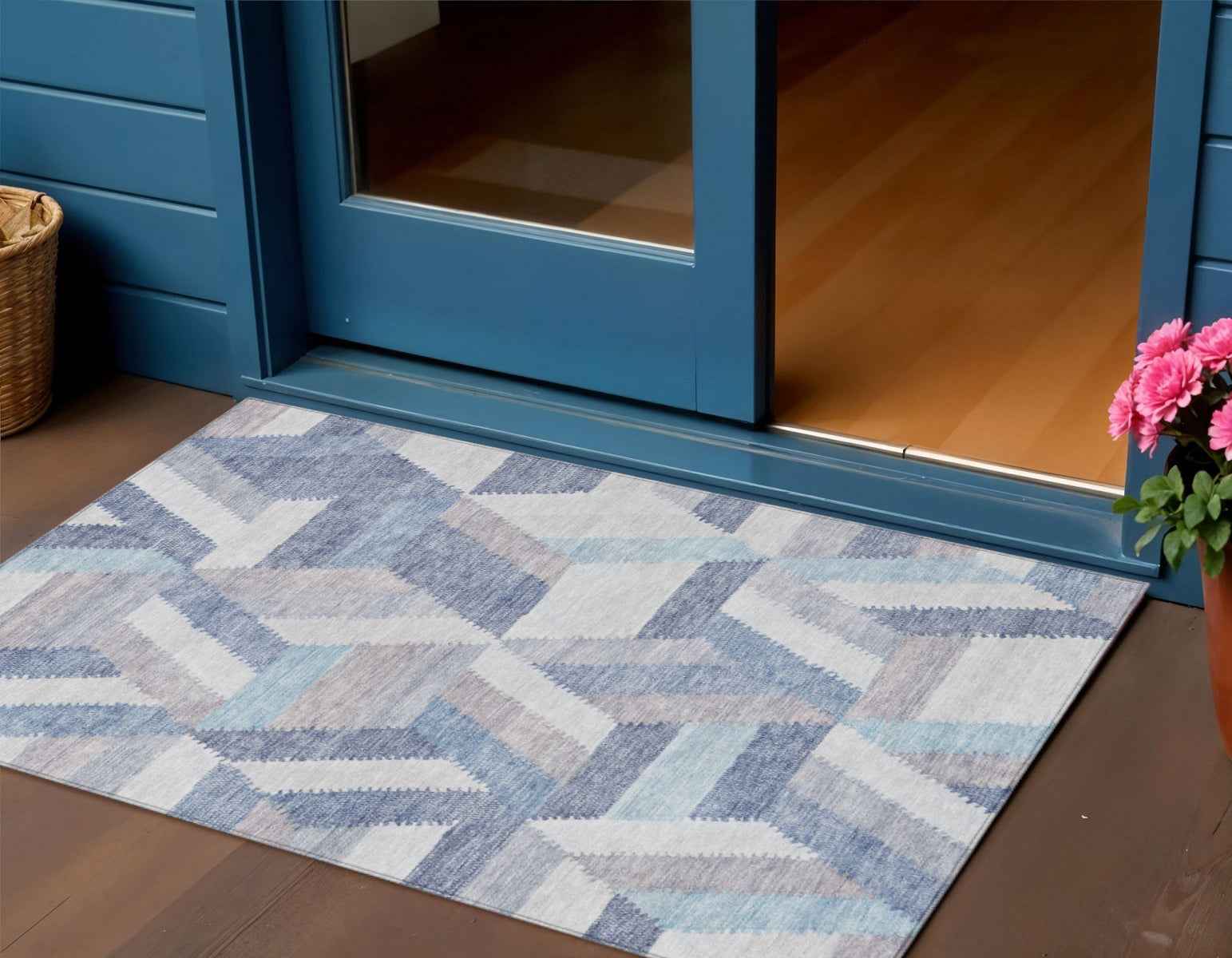 3' X 5' Denim Blue Geometric Washable Indoor Outdoor Area Rug