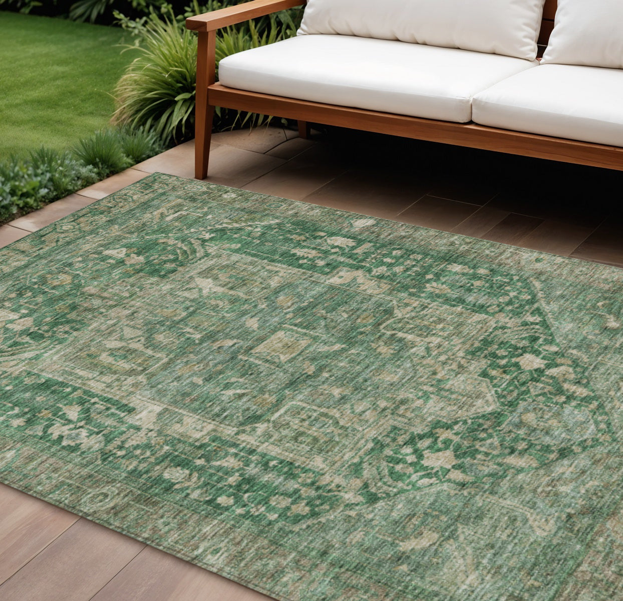 9' X 12' Emerald Medallion Washable Indoor Outdoor Area Rug