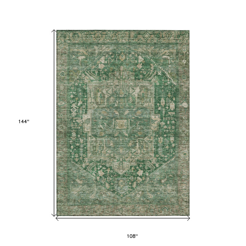 9' X 12' Emerald Medallion Washable Indoor Outdoor Area Rug
