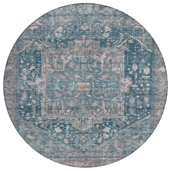8' Blue Round Medallion Washable Indoor Outdoor Area Rug
