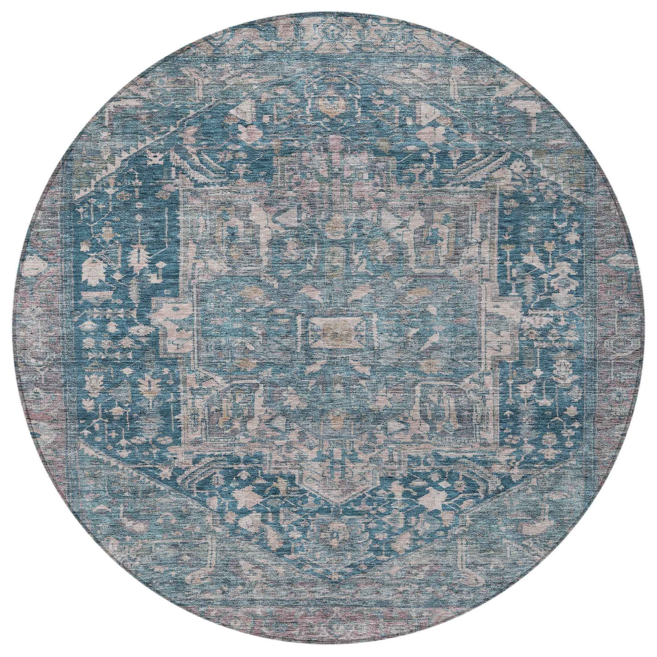 8' Blue Round Medallion Washable Indoor Outdoor Area Rug
