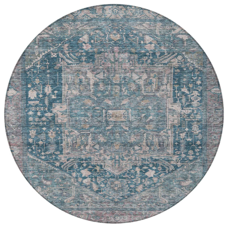 8' Blue Round Medallion Washable Indoor Outdoor Area Rug