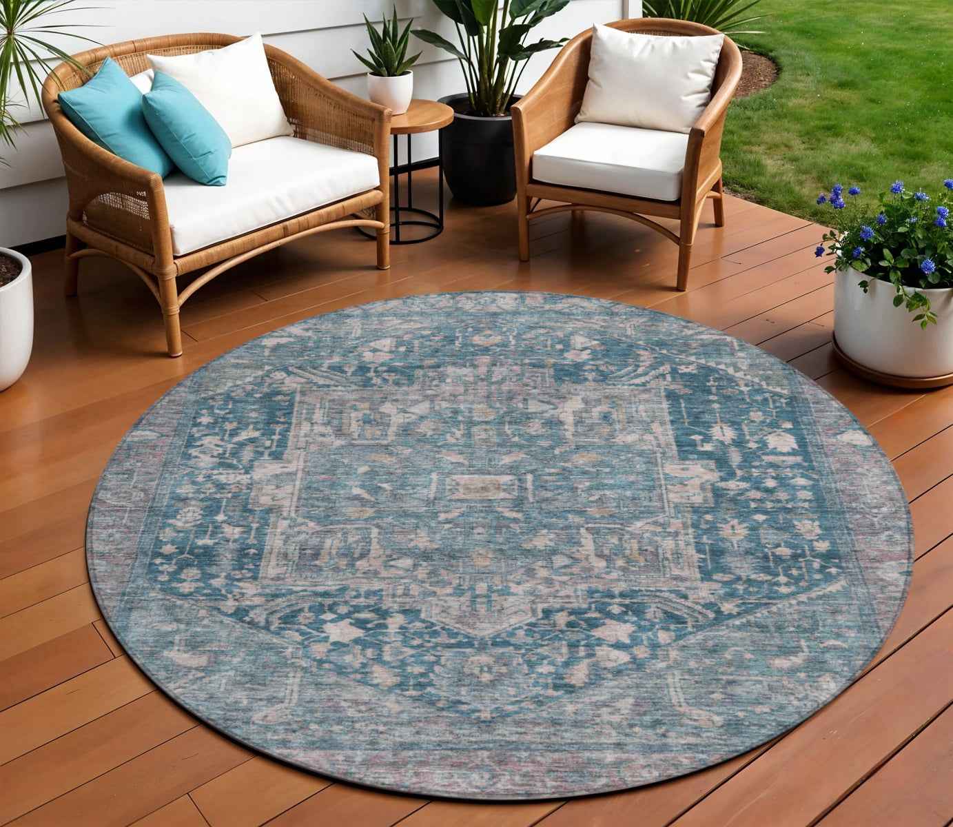 8' Blue Round Medallion Washable Indoor Outdoor Area Rug