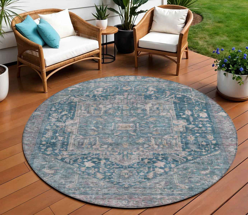 8' Blue Round Medallion Washable Indoor Outdoor Area Rug