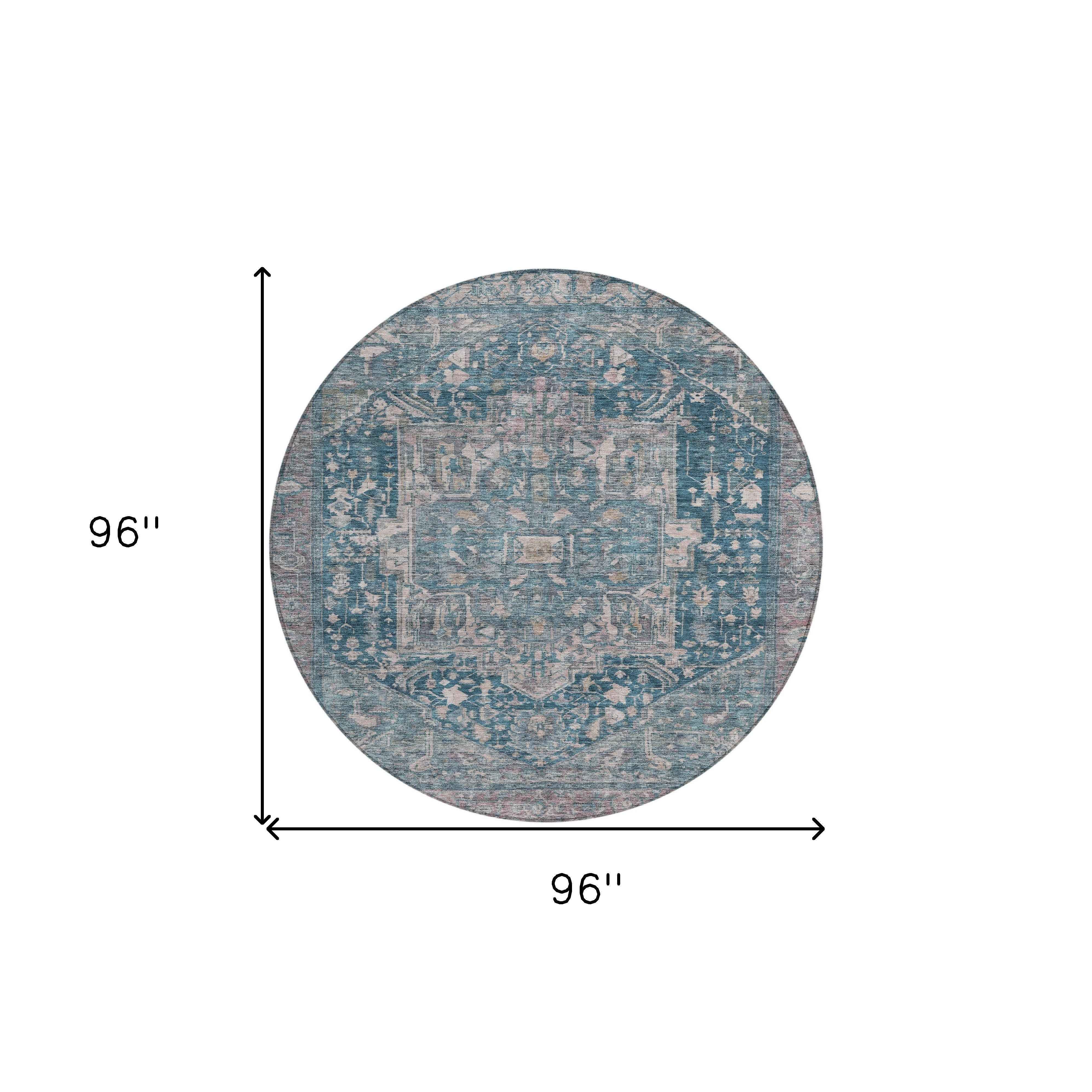 8' Blue Round Medallion Washable Indoor Outdoor Area Rug