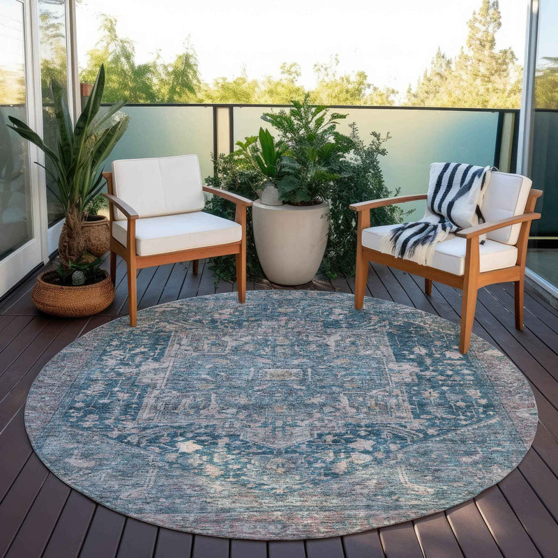8' Blue Round Medallion Washable Indoor Outdoor Area Rug