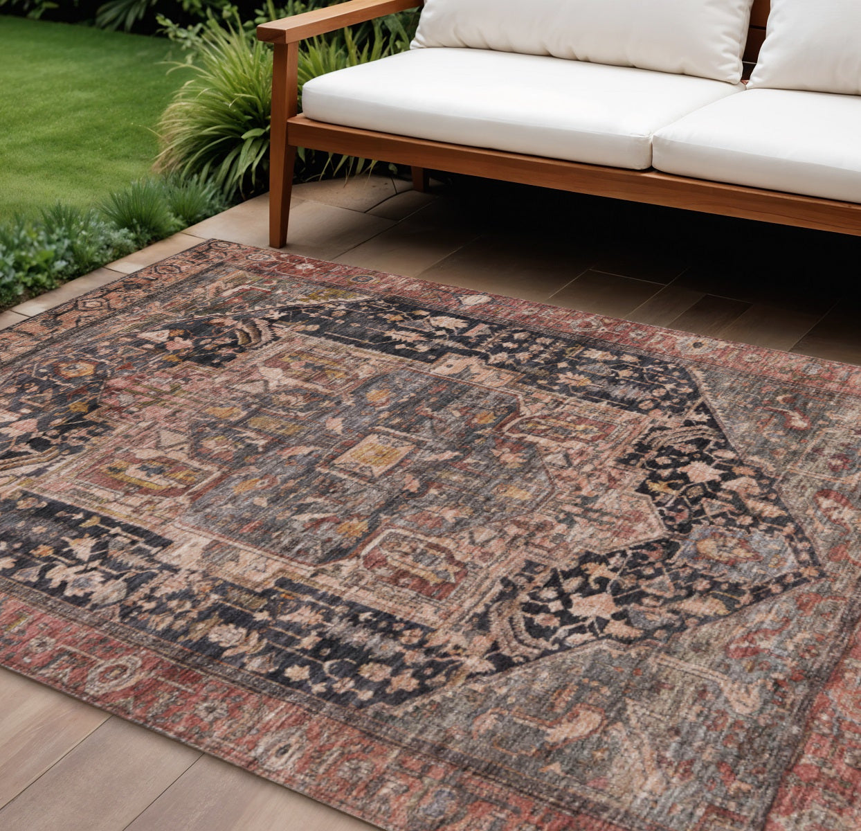 9' X 12' Charcoal Medallion Washable Indoor Outdoor Area Rug Default Title