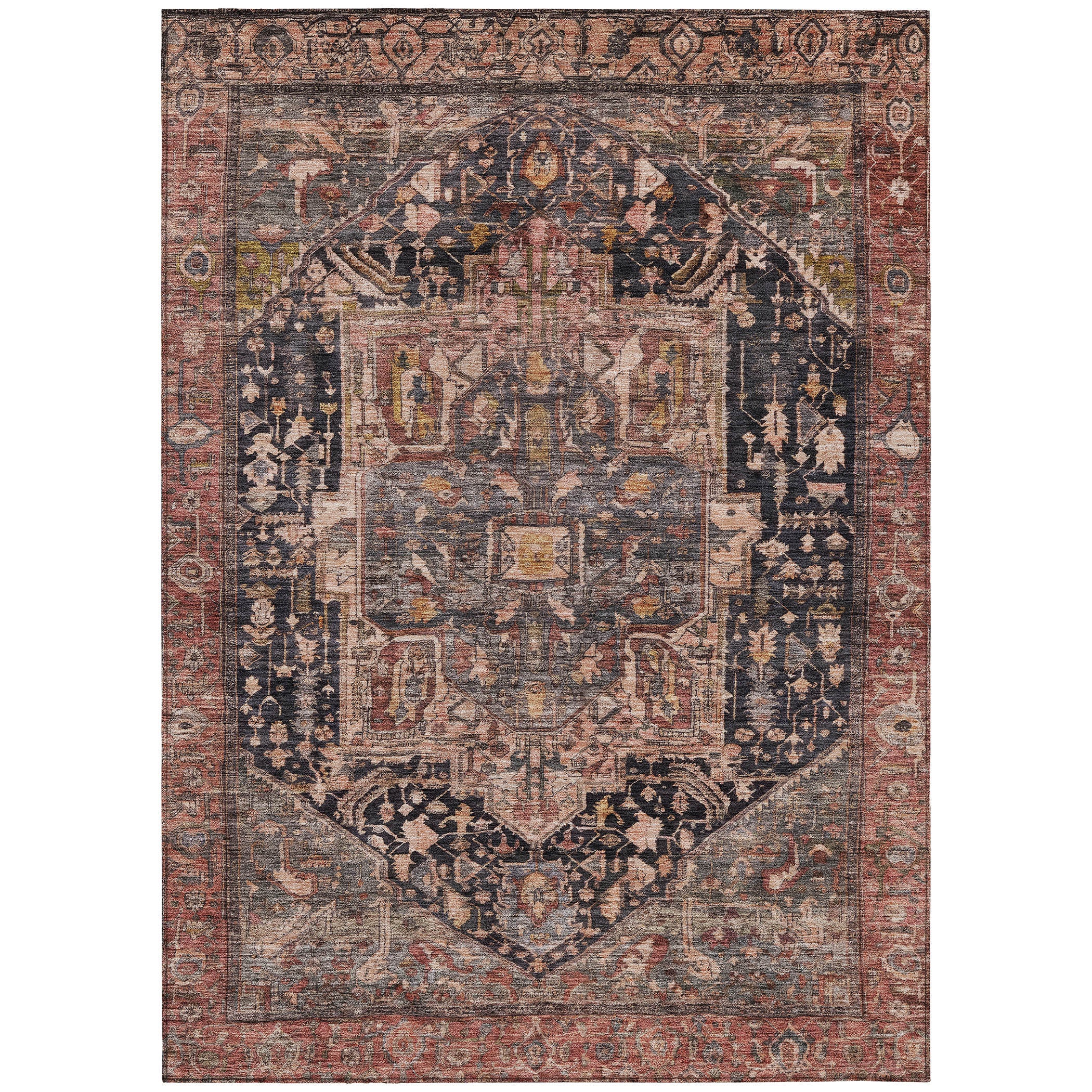 9' X 12' Charcoal Medallion Washable Indoor Outdoor Area Rug