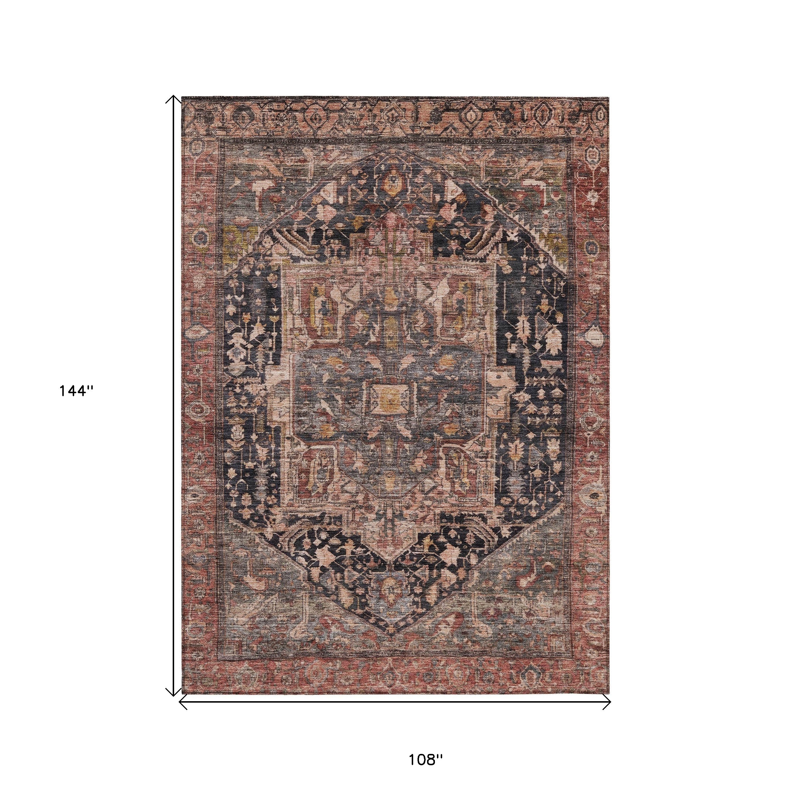 9' X 12' Charcoal Medallion Washable Indoor Outdoor Area Rug