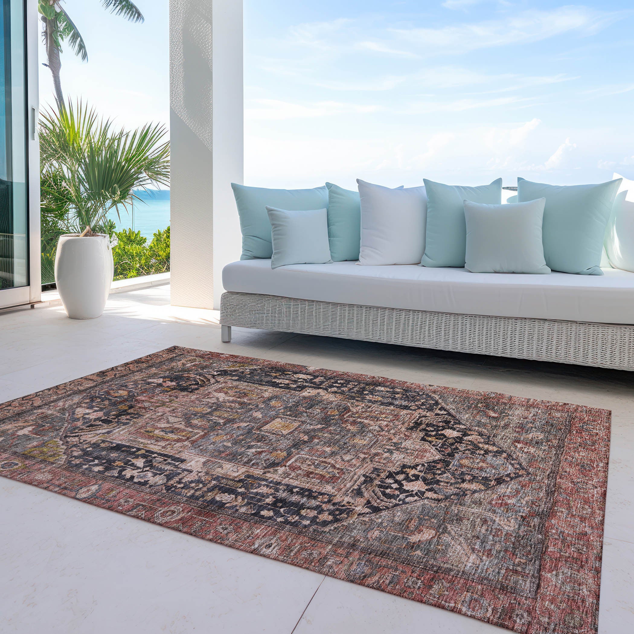 9' X 12' Charcoal Medallion Washable Indoor Outdoor Area Rug