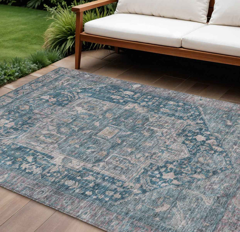 8' X 10' Blue Medallion Washable Indoor Outdoor Area Rug