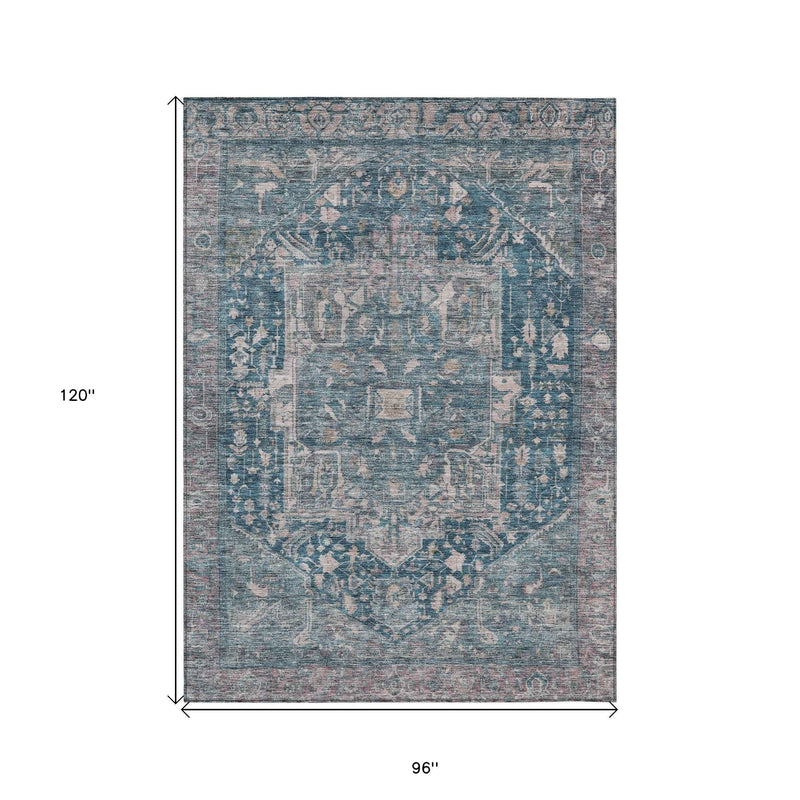 8' X 10' Blue Medallion Washable Indoor Outdoor Area Rug