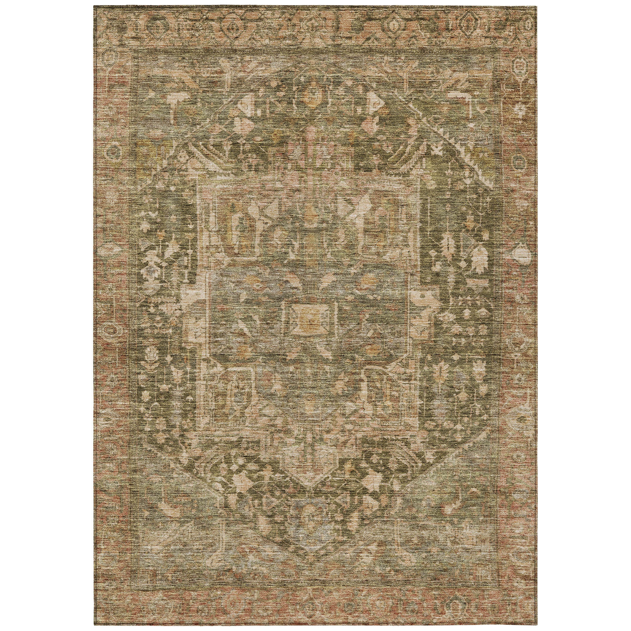 5' X 8' Fern Green Medallion Washable Indoor Outdoor Area Rug