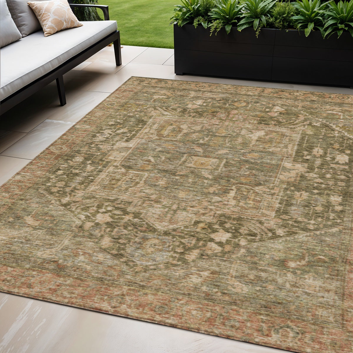 5' X 8' Fern Green Medallion Washable Indoor Outdoor Area Rug