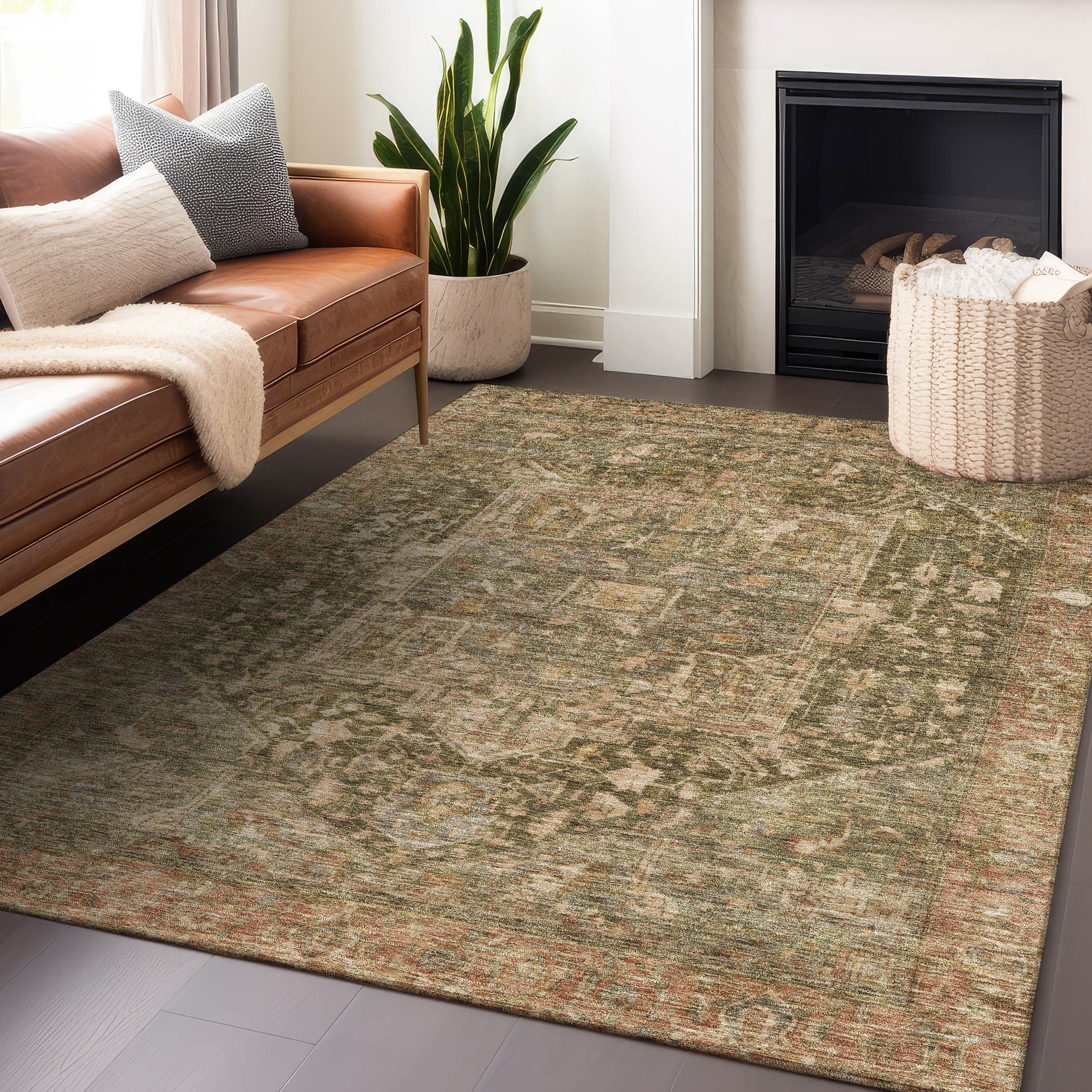 5' X 8' Fern Green Medallion Washable Indoor Outdoor Area Rug