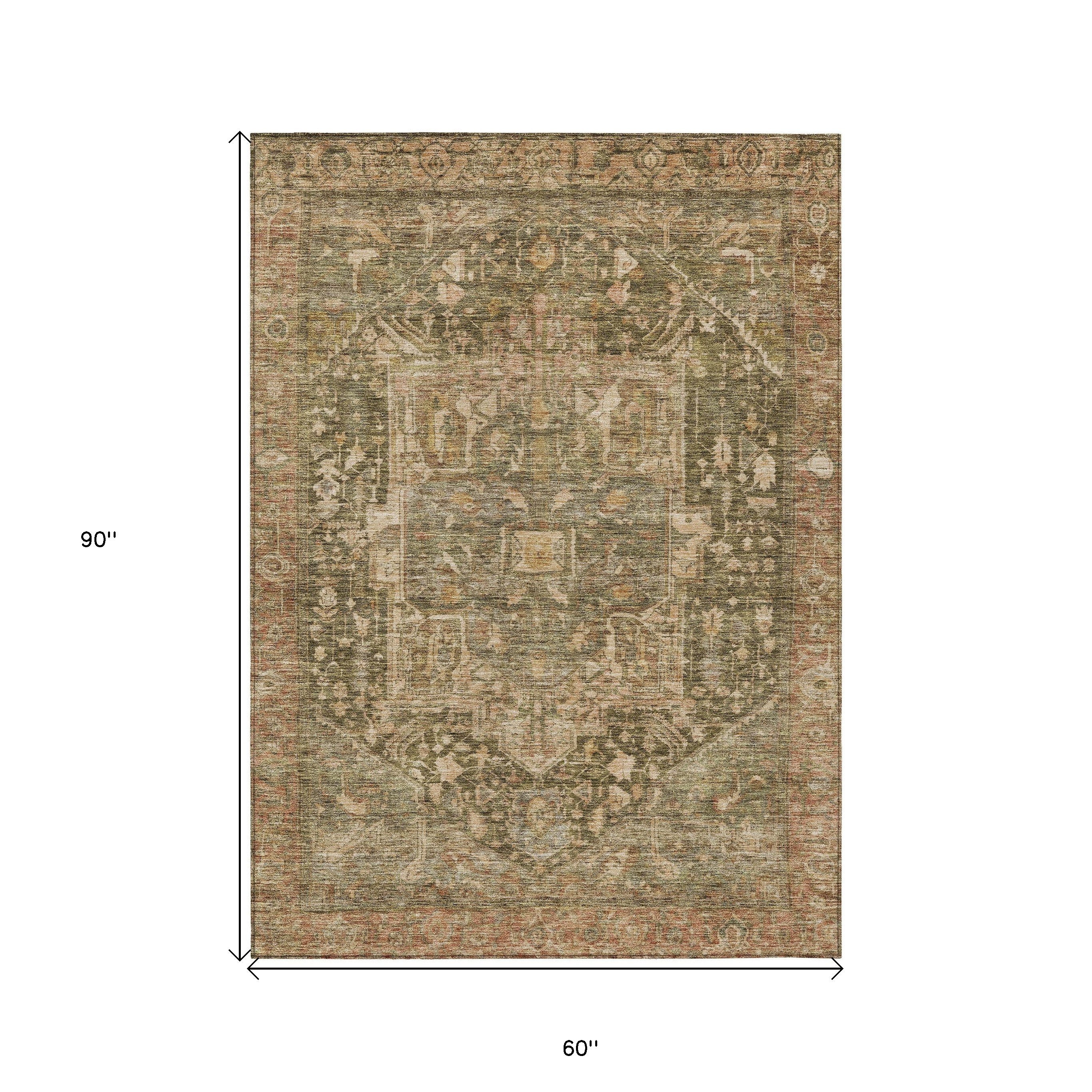 5' X 8' Fern Green Medallion Washable Indoor Outdoor Area Rug