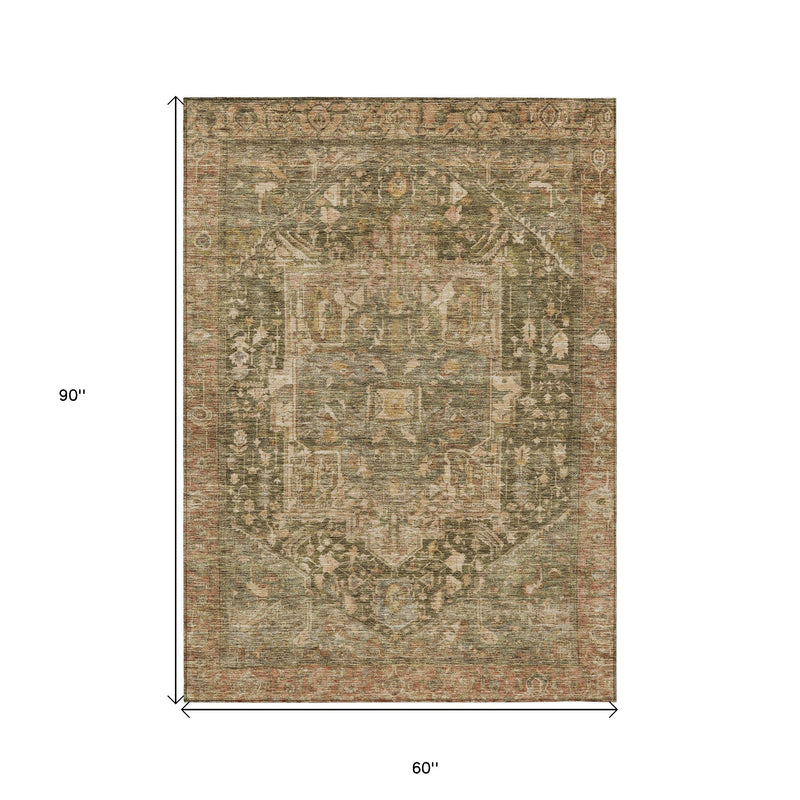 5' X 8' Fern Green Medallion Washable Indoor Outdoor Area Rug