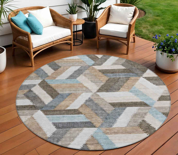 8' Brown Round Geometric Washable Indoor Outdoor Area Rug