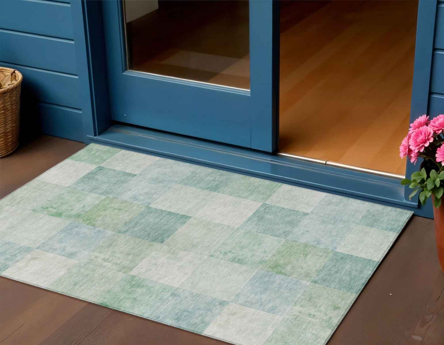 3' X 5' Blue Geometric Washable Indoor Outdoor Area Rug