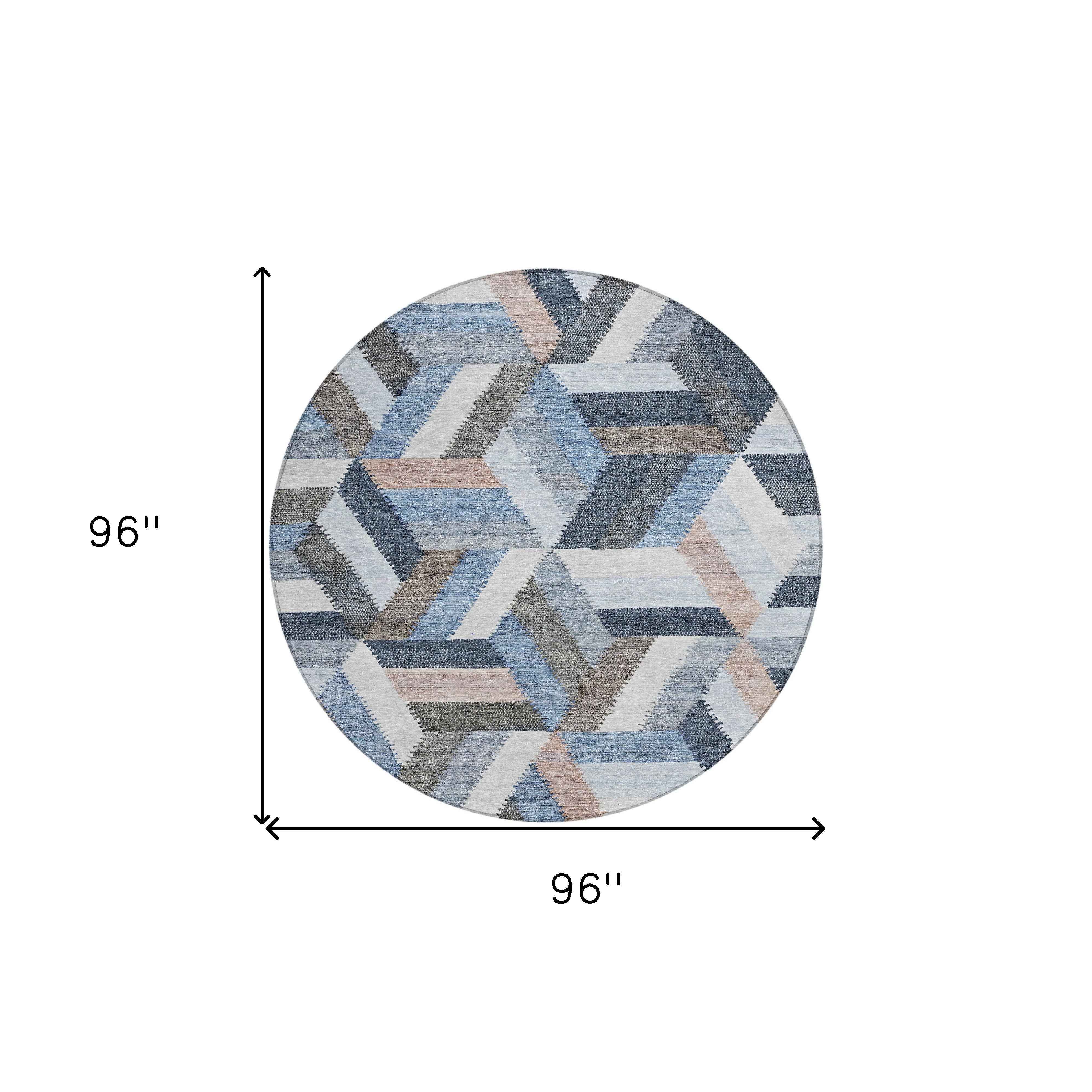8' Blue Round Geometric Washable Indoor Outdoor Area Rug